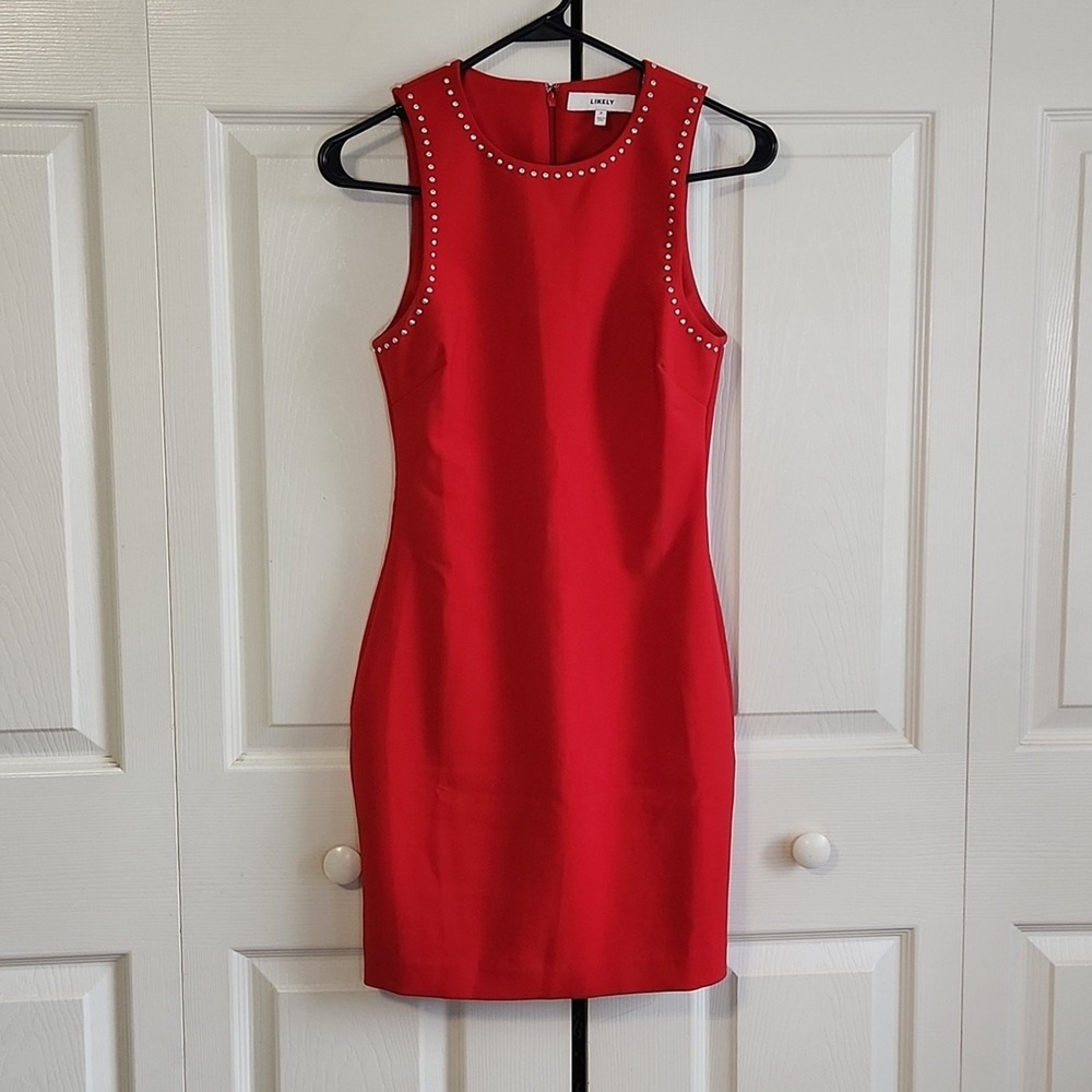 Likely Women's Red Studded Sleeveless‎ Manhattan Bodycon Mini Dress Size 2